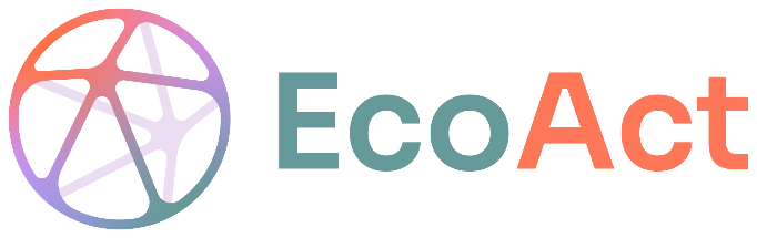 Eco Act Logo: vernetze Kugel rechts, Eco Act Schriftzug links in türkis, violett, orange