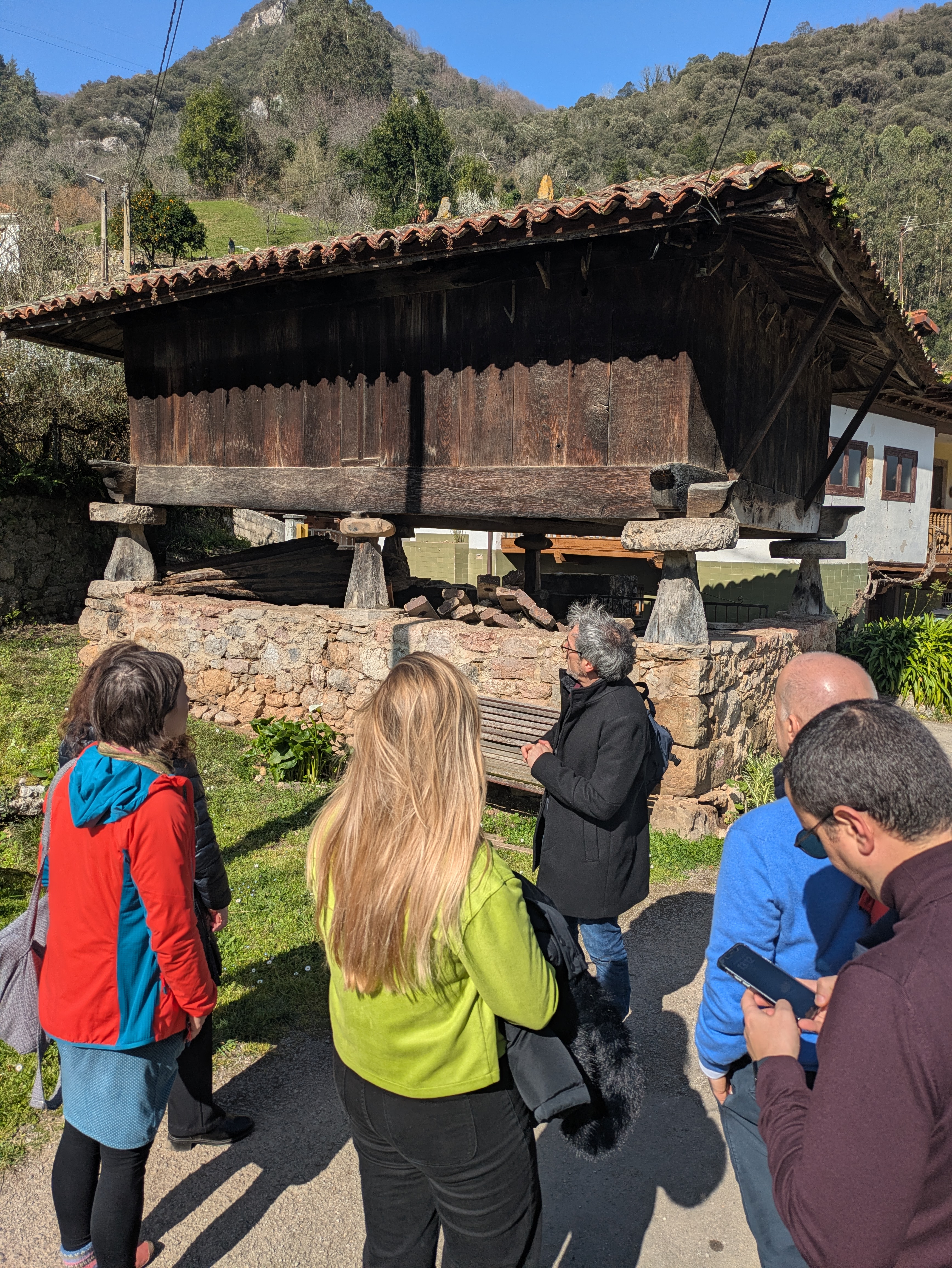 mehrere Menschen stehen vor Holzhütte und blicken hinauf